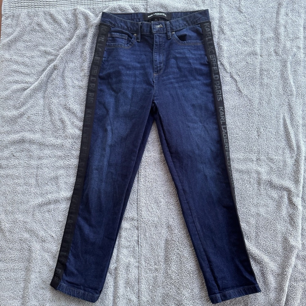 Karl Lagerfeld Paris Jeans Womens 6 Blue Logo Tape Slim Ankle Stretch Denim